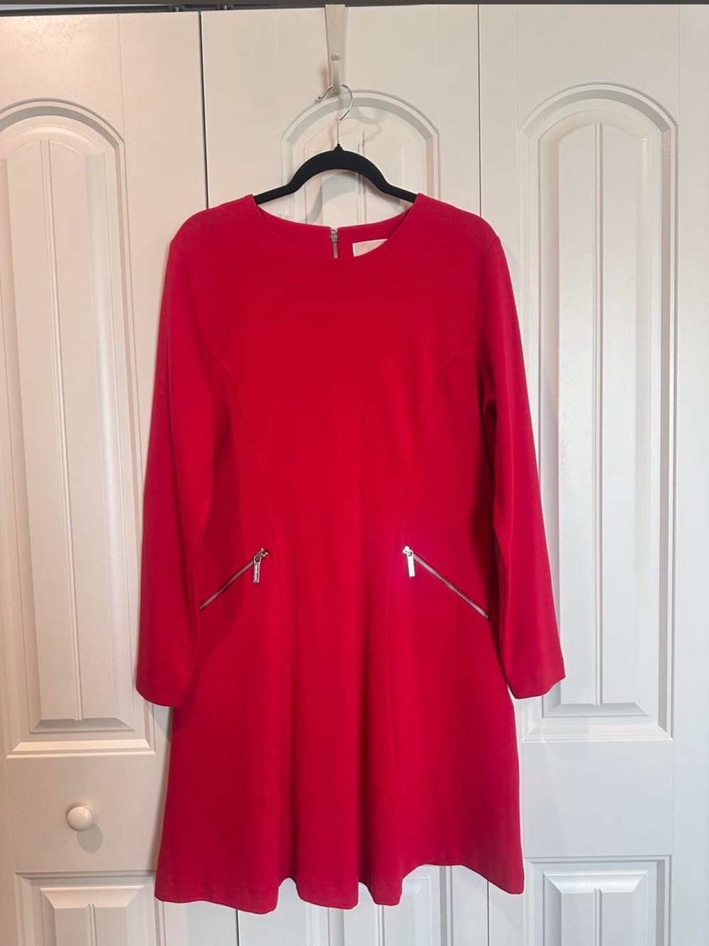 Micheal Kors Red Long-Sleeve A-Line Dress with Zip Pocket Detaili